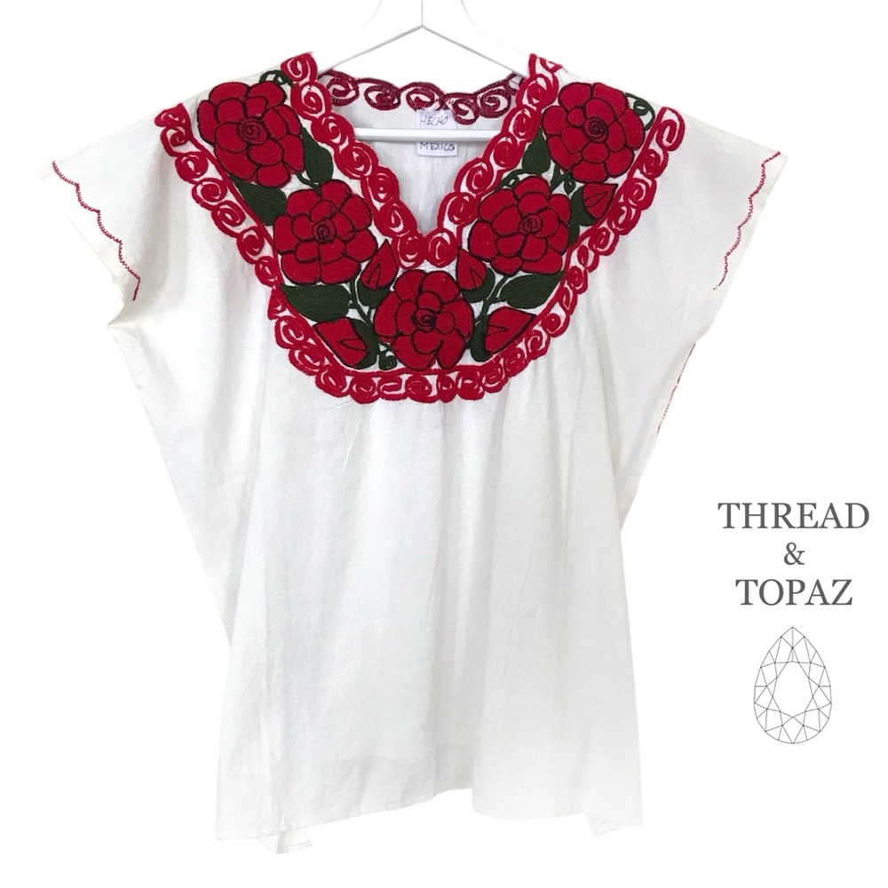 Traditional Mexican Embroidered Folk With Top Red Roses